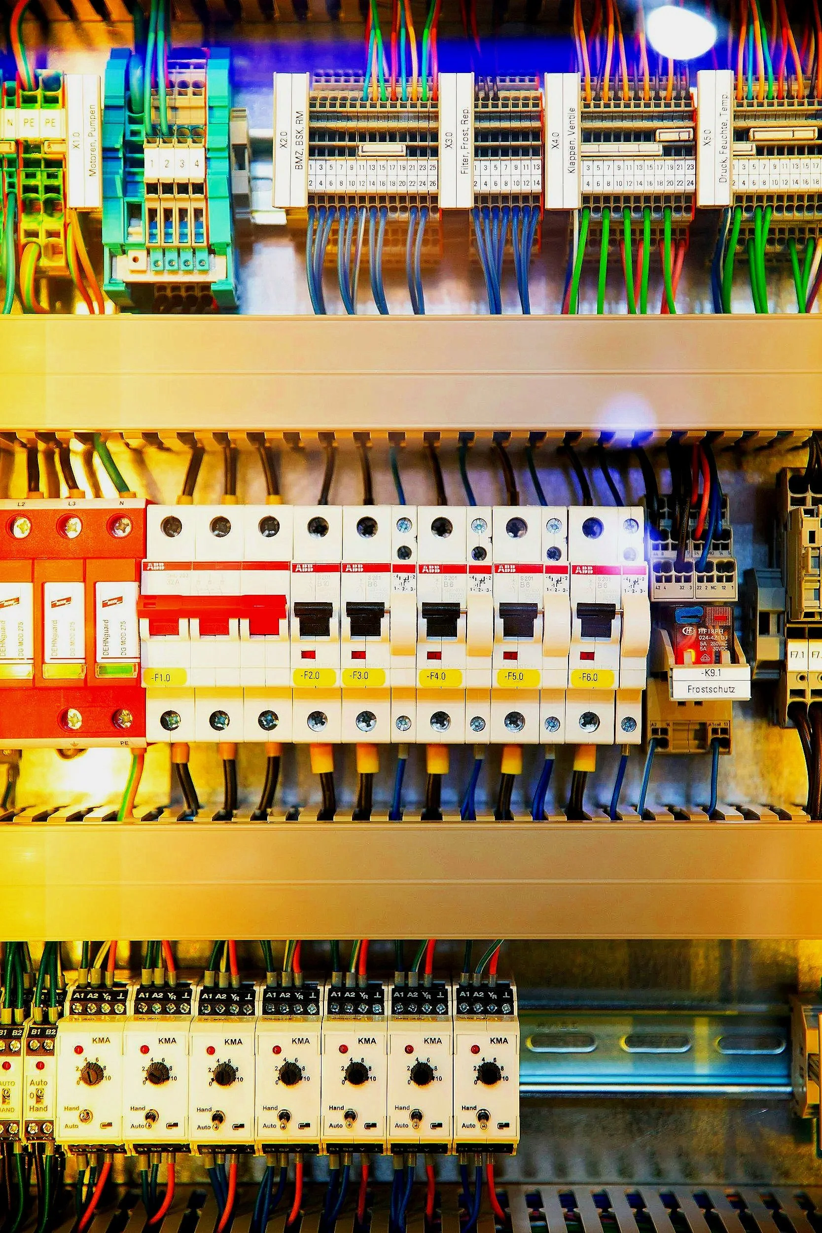 Close-up of some circuit breakers and other electrical devices inside an enclosure.