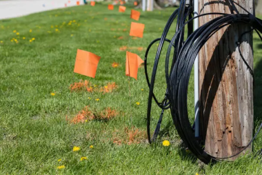 Base of a utility pole wrapped with cable with green grass spotted with orange flags in the background.