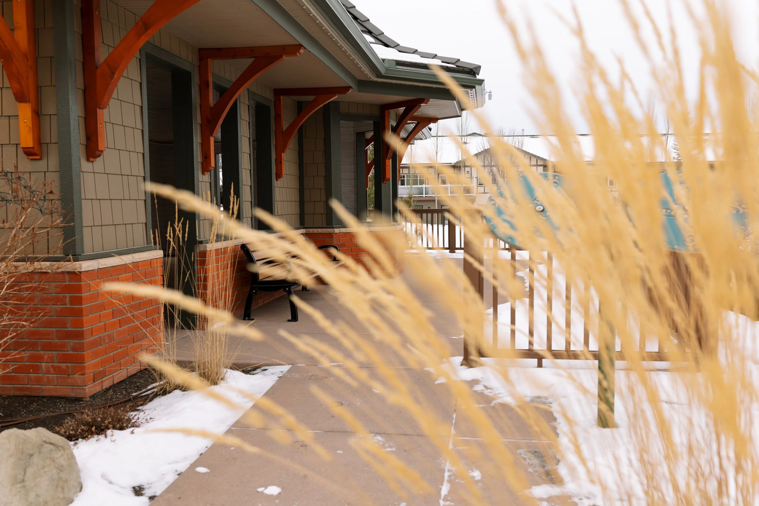 Porch of a house with a bench, brick and siding exterior, with snow on the ground and tall dried grass in the foreground.