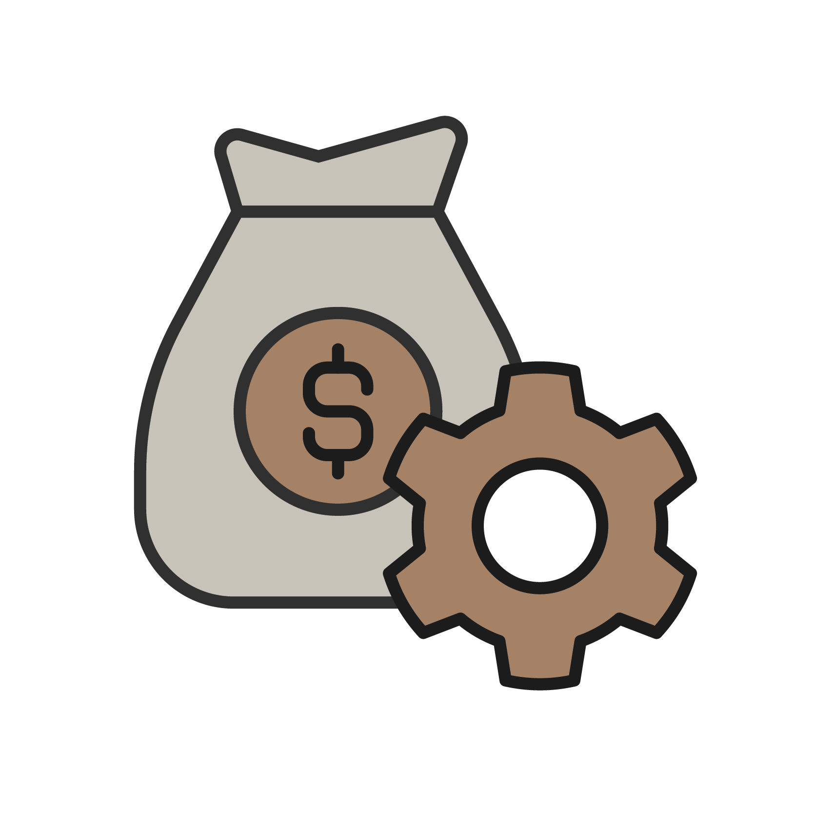 A bag of money with a dollar sign on it and a gear symbol, representing financial management or economic systems.