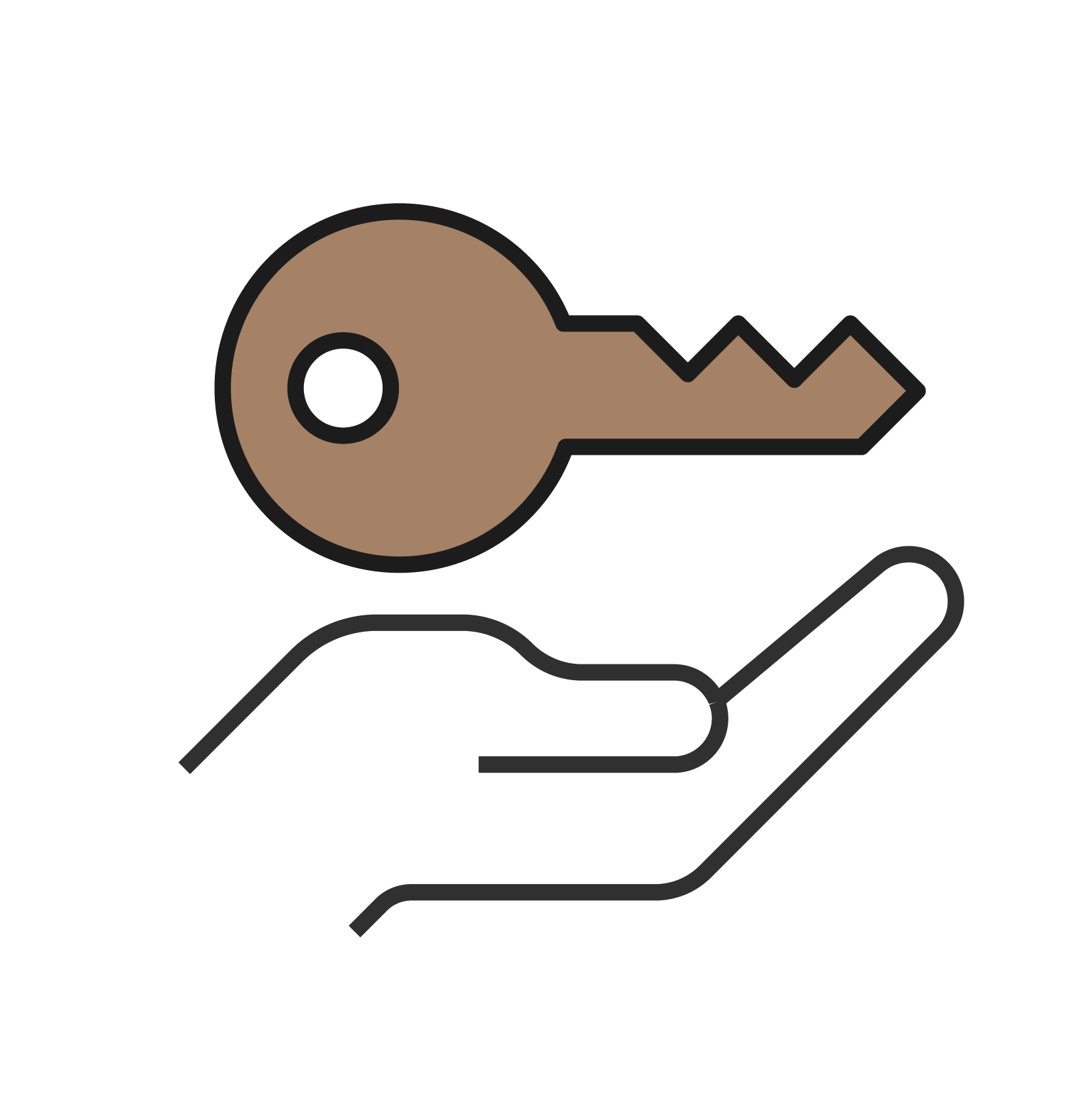 Illustration of a white hand holding a brown house key with a round head and jagged teeth.