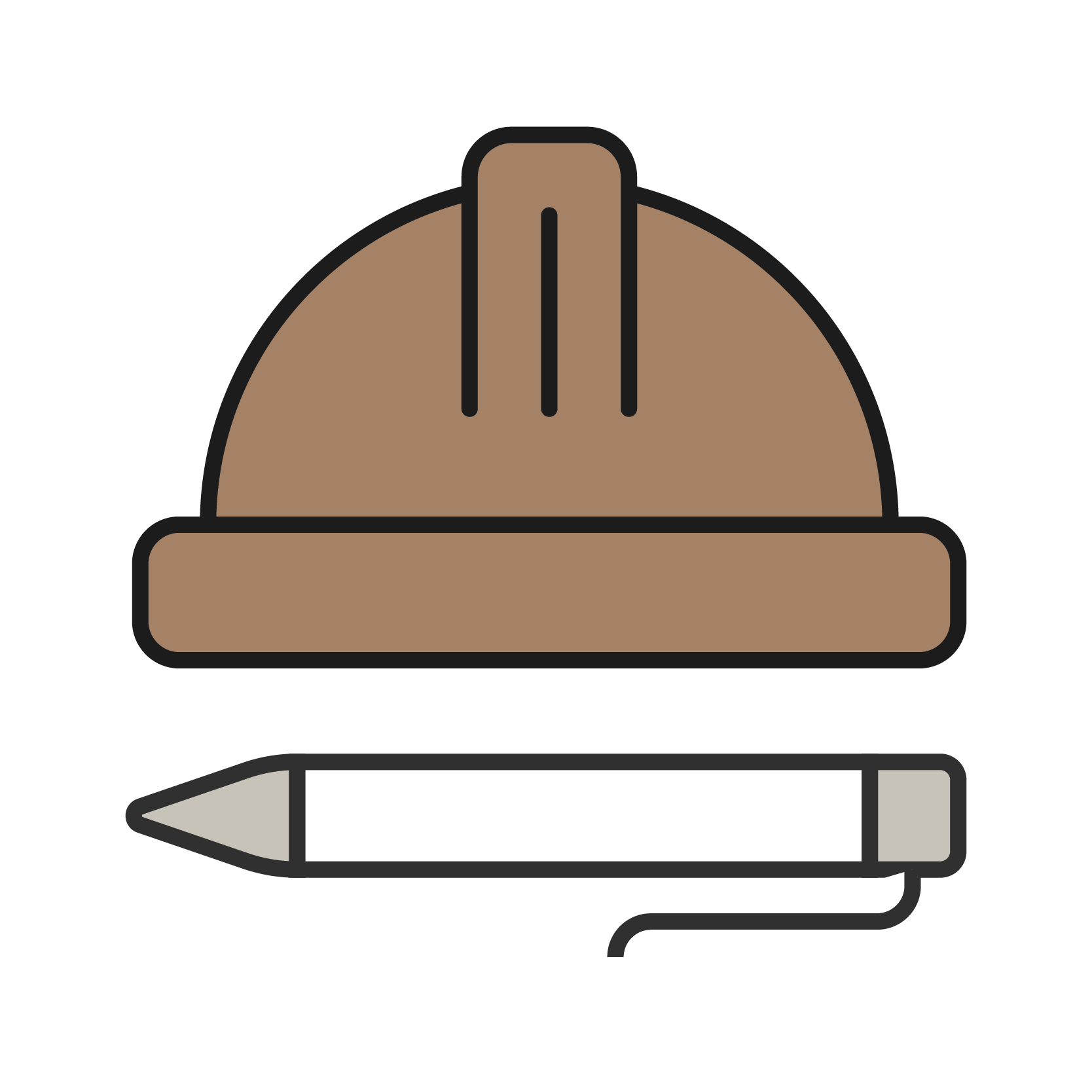 Hard hat and pen icon on a black background.