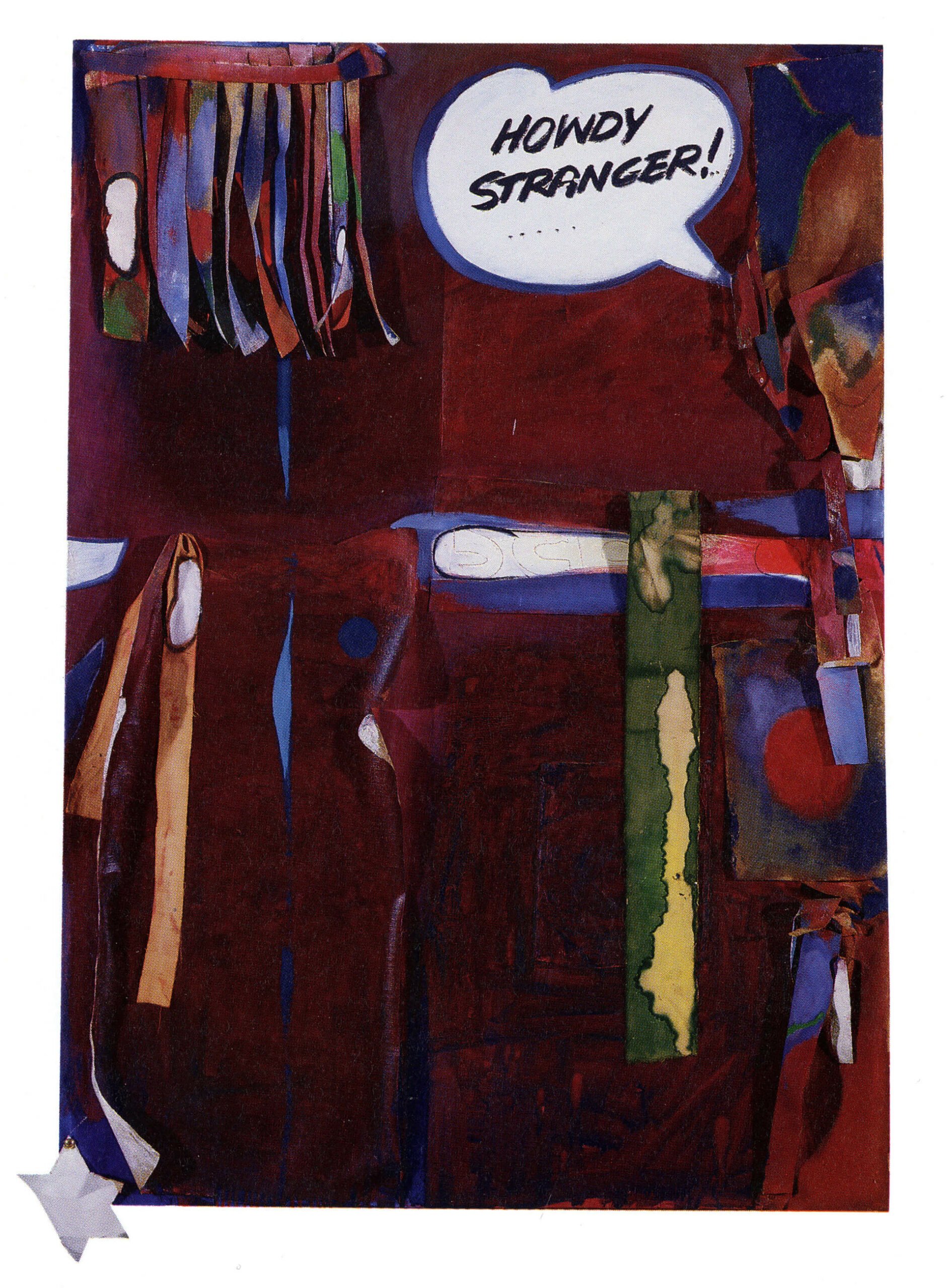 Shannon Stride. Joyce Wieland. A colorful abstract painting with various shapes and textures, including a speech bubble that says 'HOWDY STRANGER!'