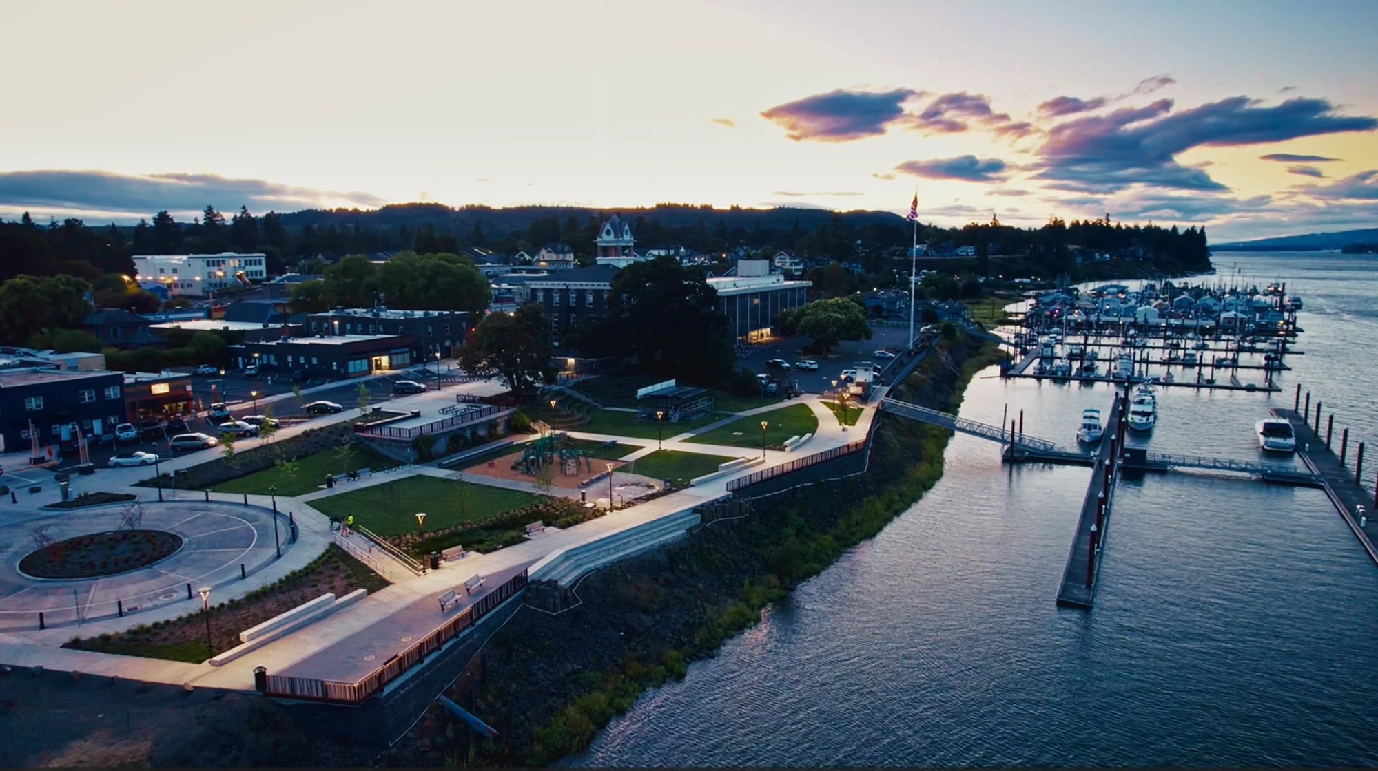 COSH St. Helens Riverwalk Project Phase One Aerial at Dusk.webp