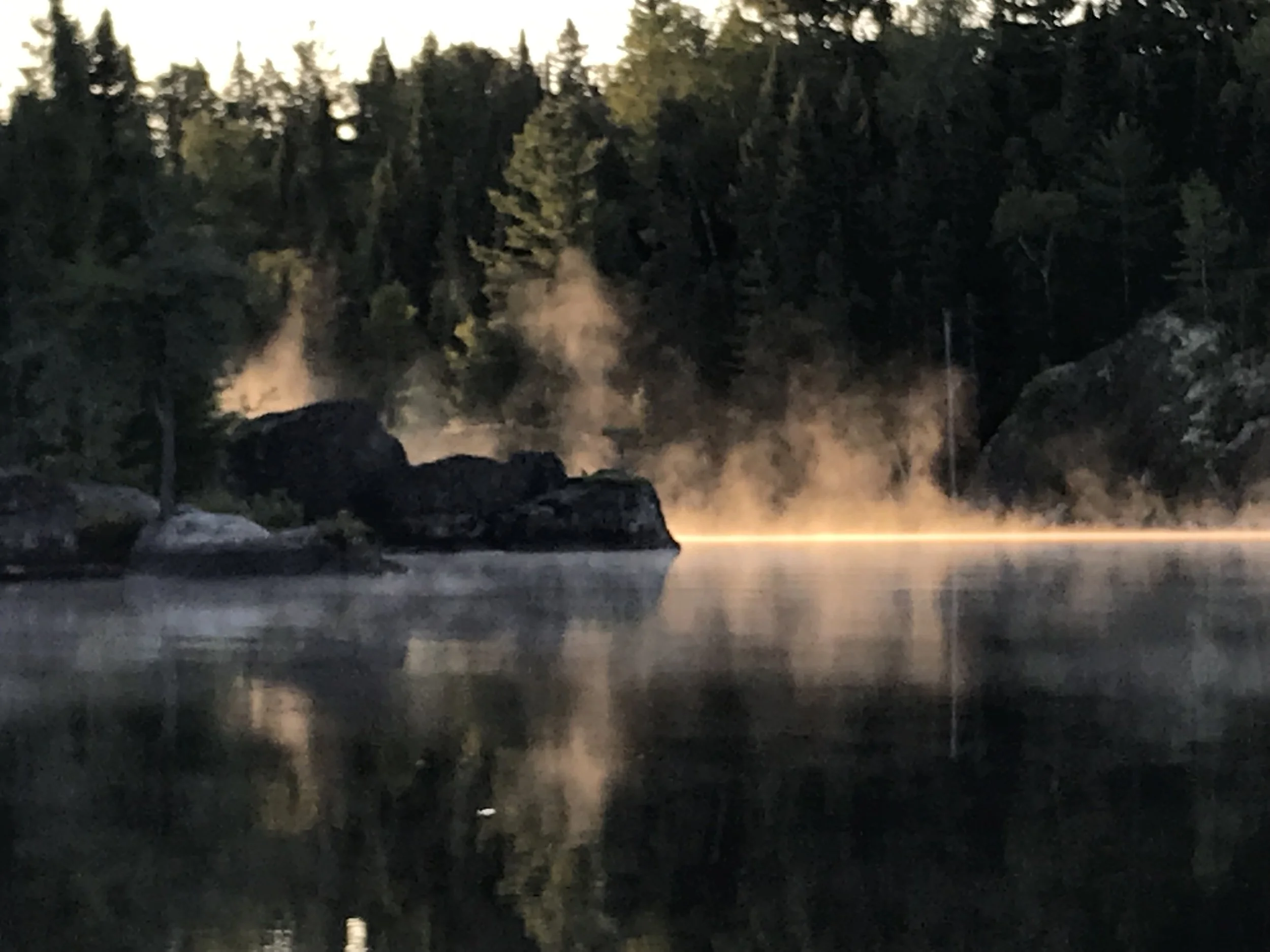 Steam rises from a lake surrounded by trees and rocks at dusk or dawn.