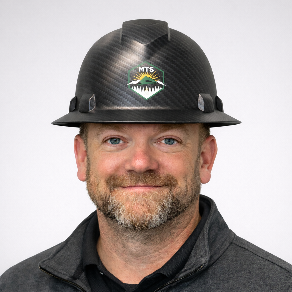 A man wearing a black safety helmet with a logo on the front, smiling, against a plain white background.