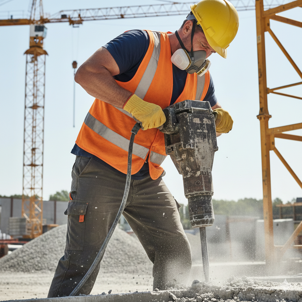 Construction worker in a yellow helmet and orange safety vest using a jackhammer at a construction site with cranes in the background.