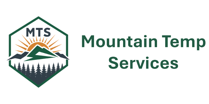 Logo for Mountain Temp Services featuring a mountain range, trees, and a rising sun, with the text 'MTS' and 'Mountain Temp Services'.