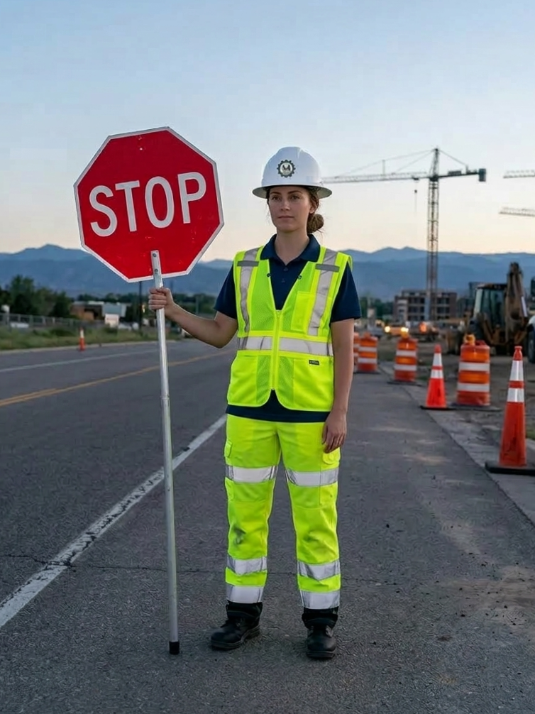 A female construction worker in a yellow safety vest and helmet holding a stop sign on a road with construction cones and equipment, with mountains and cranes in the background.