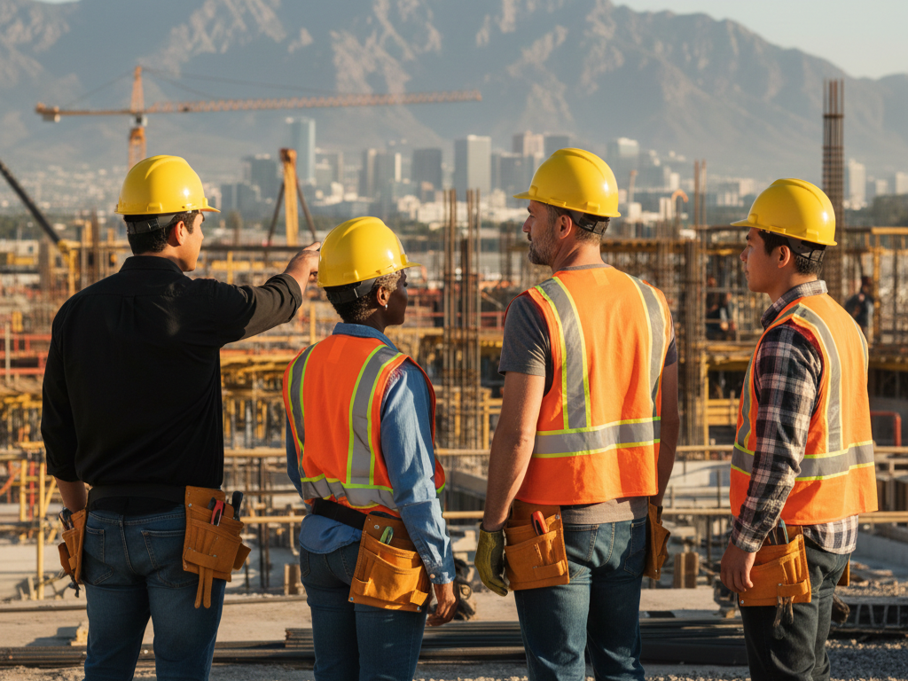Construction workers wearing yellow hard hats and reflective vests on a construction site with cranes and cityscape in the background.