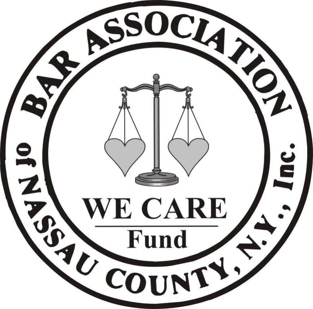 Nassau County Bar Association We Care Fund graphic logo of the scale of justice holding two hearts