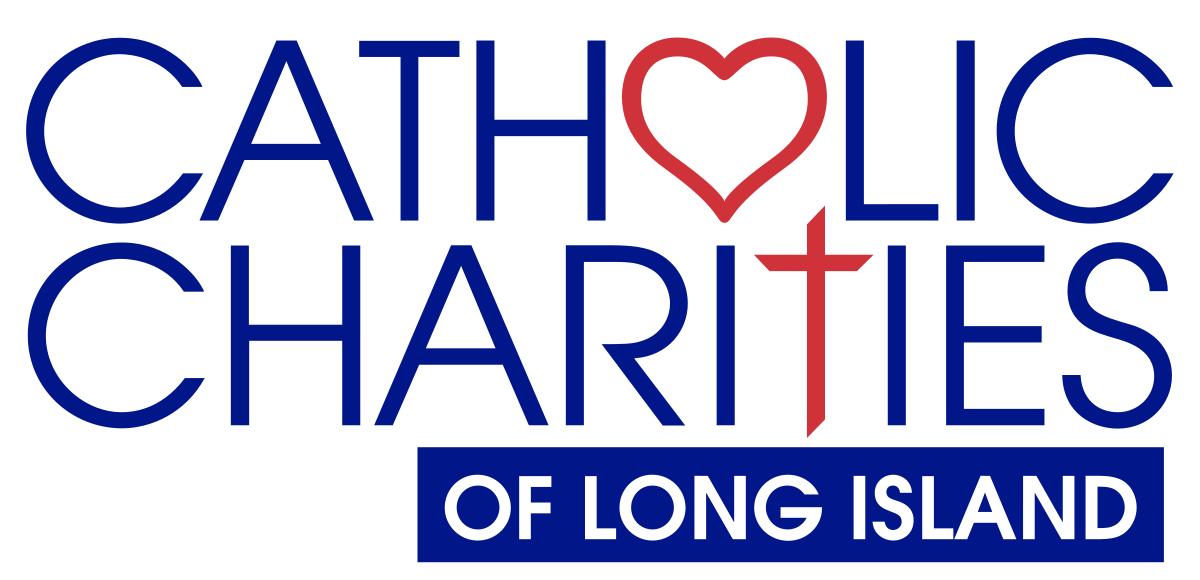 Blue Catholic Charities of Long Island logo with red heart and cross
