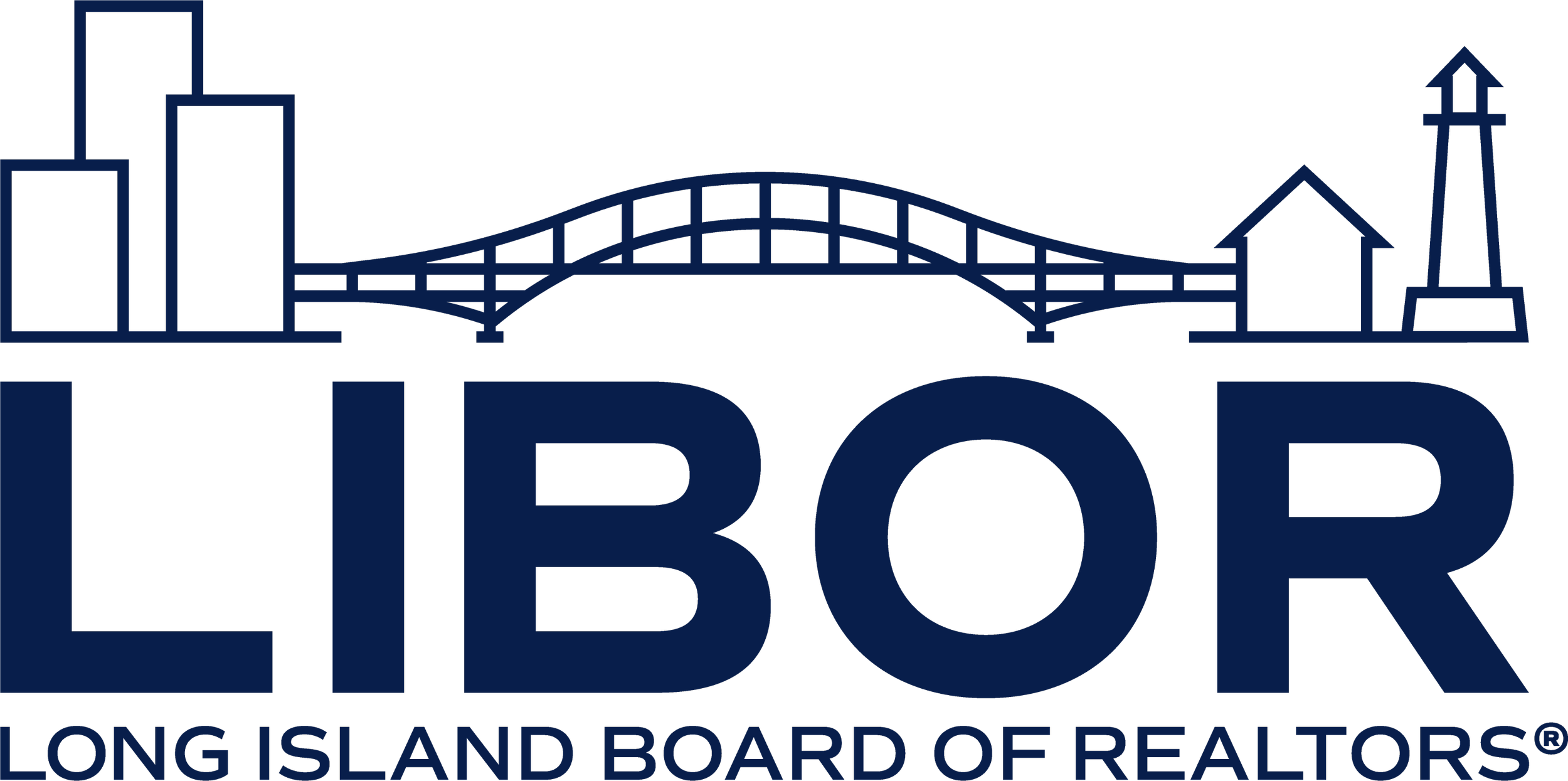 Navy blue Long Island Board of Realtors graphic logo of buildings and a lighthouse on each end of a bridge