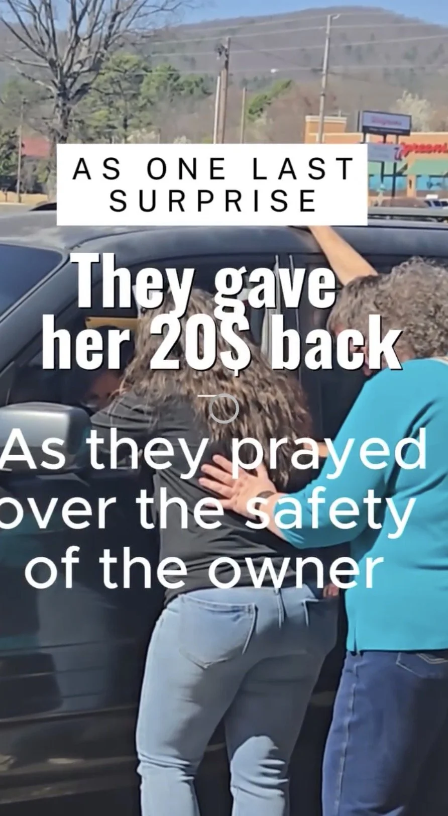 people praying over car that a lady won