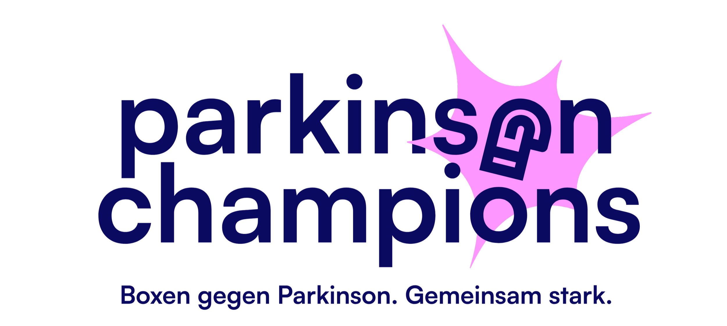 Logo mit dem Text 'parkinson champions', darunter die Aussage 'Boxen gegen Parkinson. Gemeinsam stark.' Ein grafisches Element, das eine stilisierte Explosion oder einen Stern in Lila zeigt.
