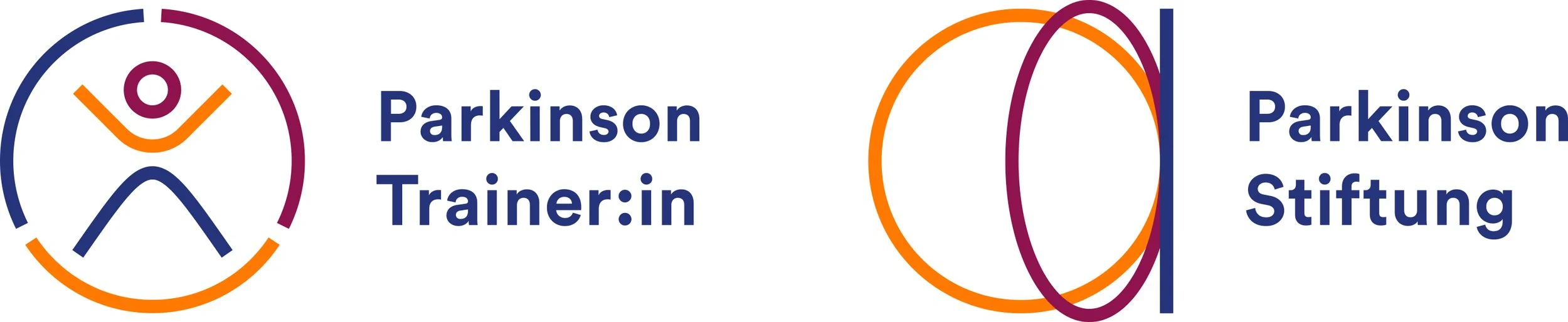 Logo der Parkinson Stiftung mit einem stilisierten Menschen und dem Text 'Parkinson Trainer:in' sowie Kreisen und Linien, die den Namen und die Organisation repräsentieren.