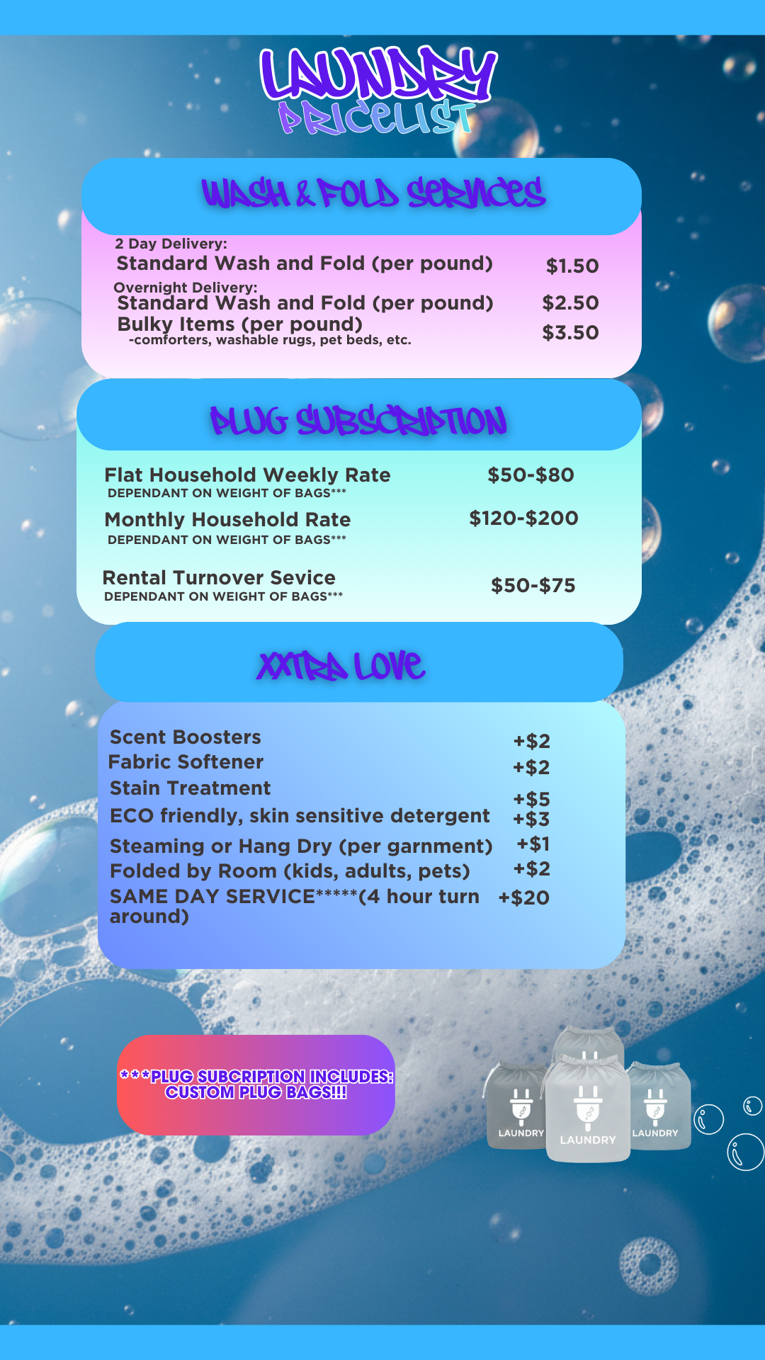Laundry price list with sections for wash and fold services, plug subscription, and extra love options. Includes details for delivery, weekly and monthly rates, and additional services with prices. The background has soap bubbles and laundry bags at the bottom.