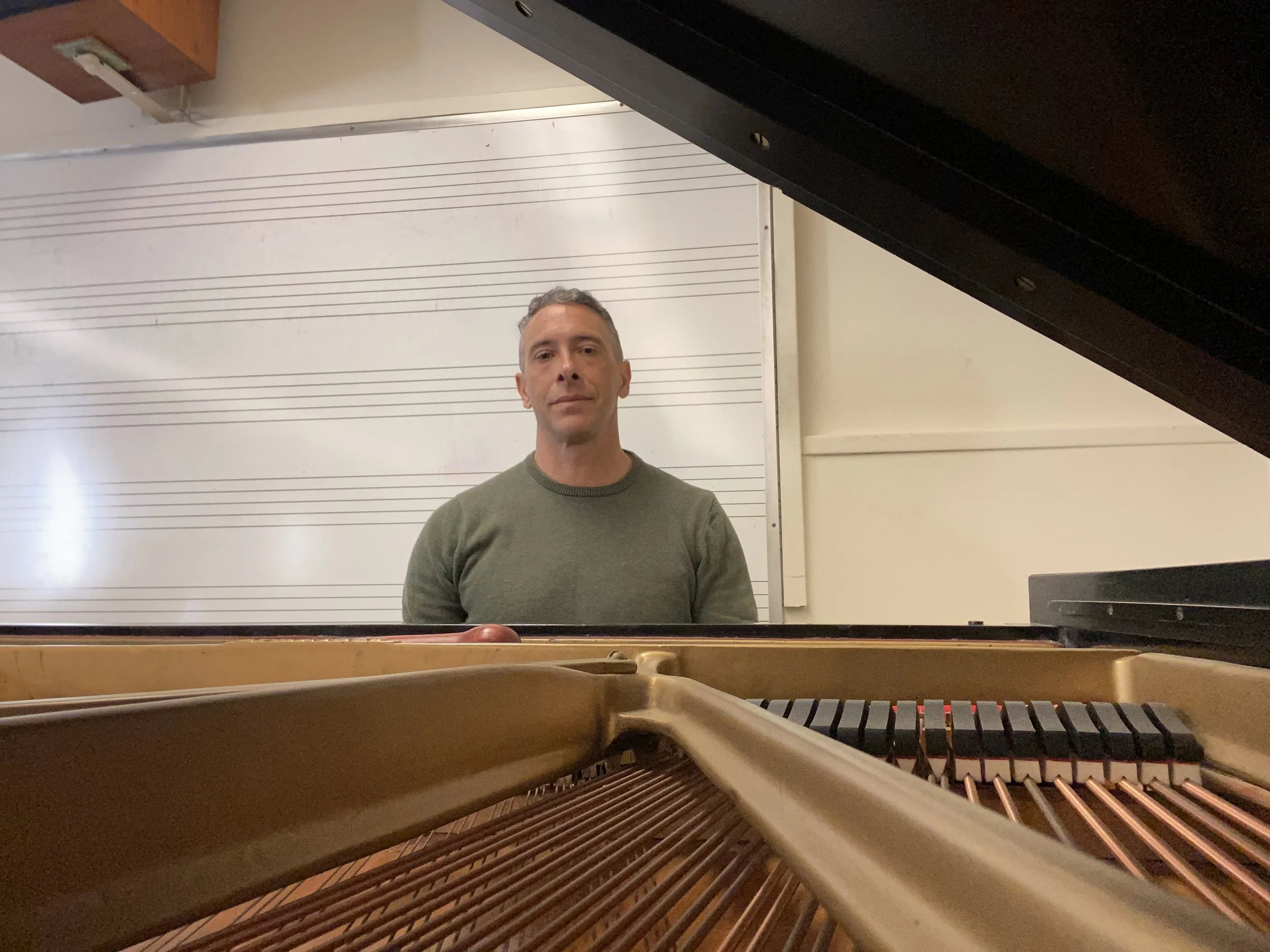 San Francisco piano technician inspecting the interior of a grand piano, showing professional piano tuning and regulation work in progress.