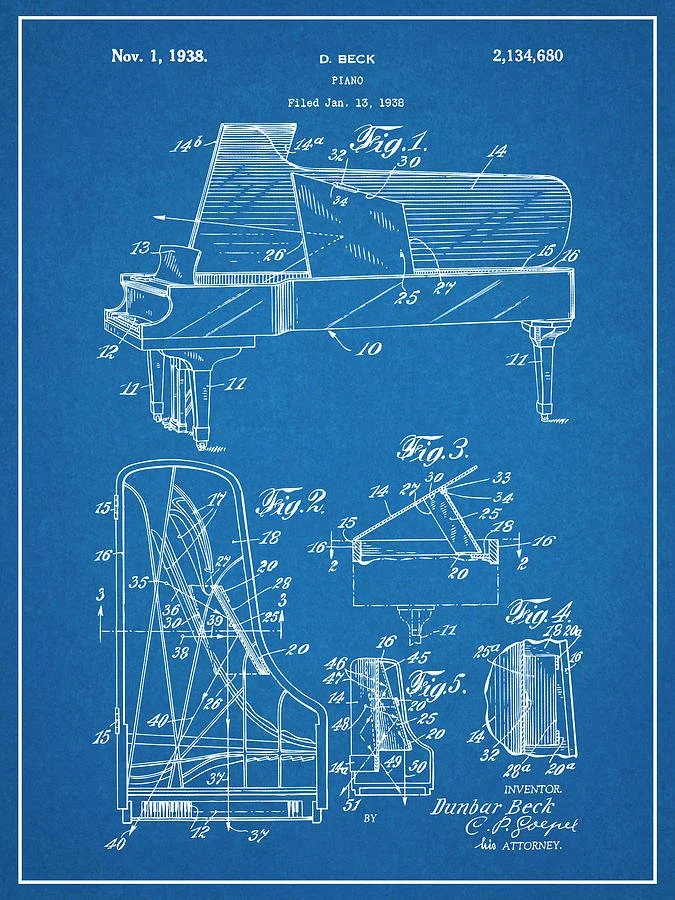 Technical blueprint of a grand piano mechanism, illustrating piano construction and engineering relevant to professional piano regulation and repair.