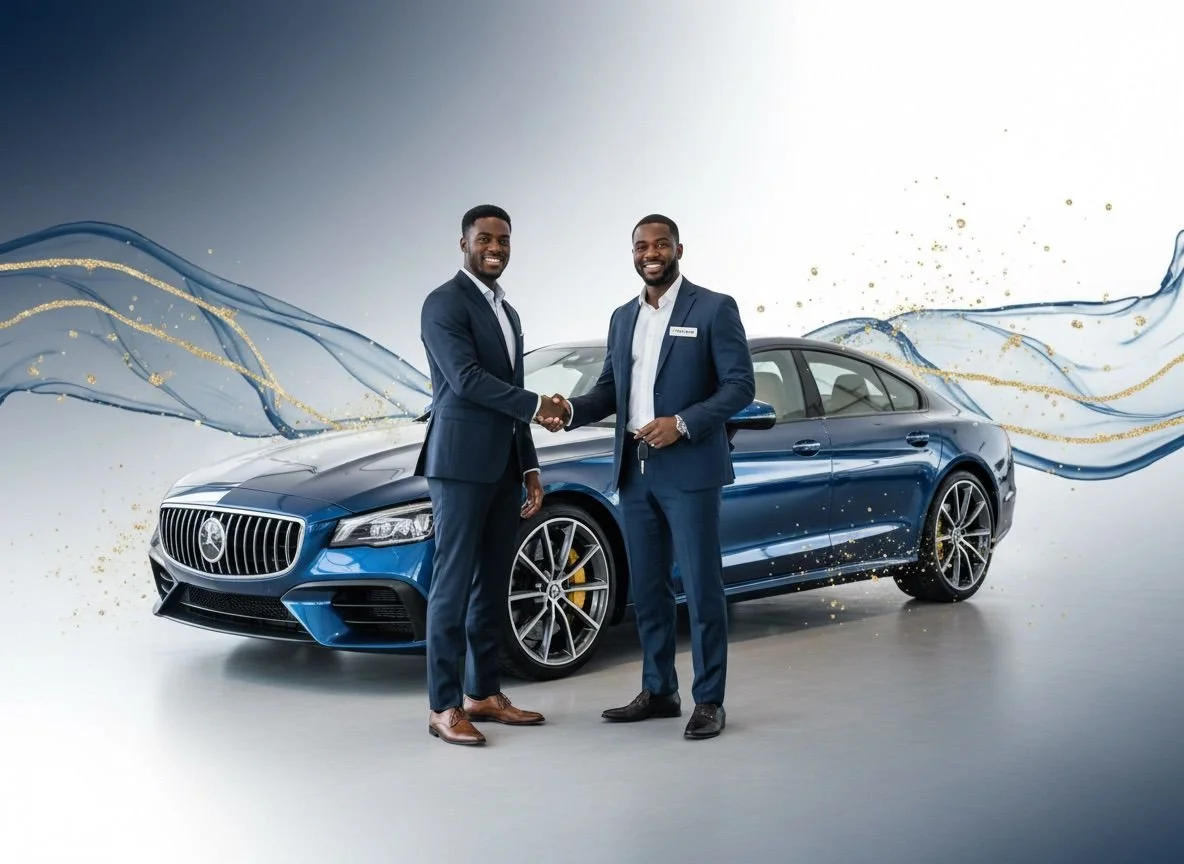 Two men in suits shaking hands in front of a blue luxury sedan inside a studio with a white backdrop and decorative blue and gold streamers.
