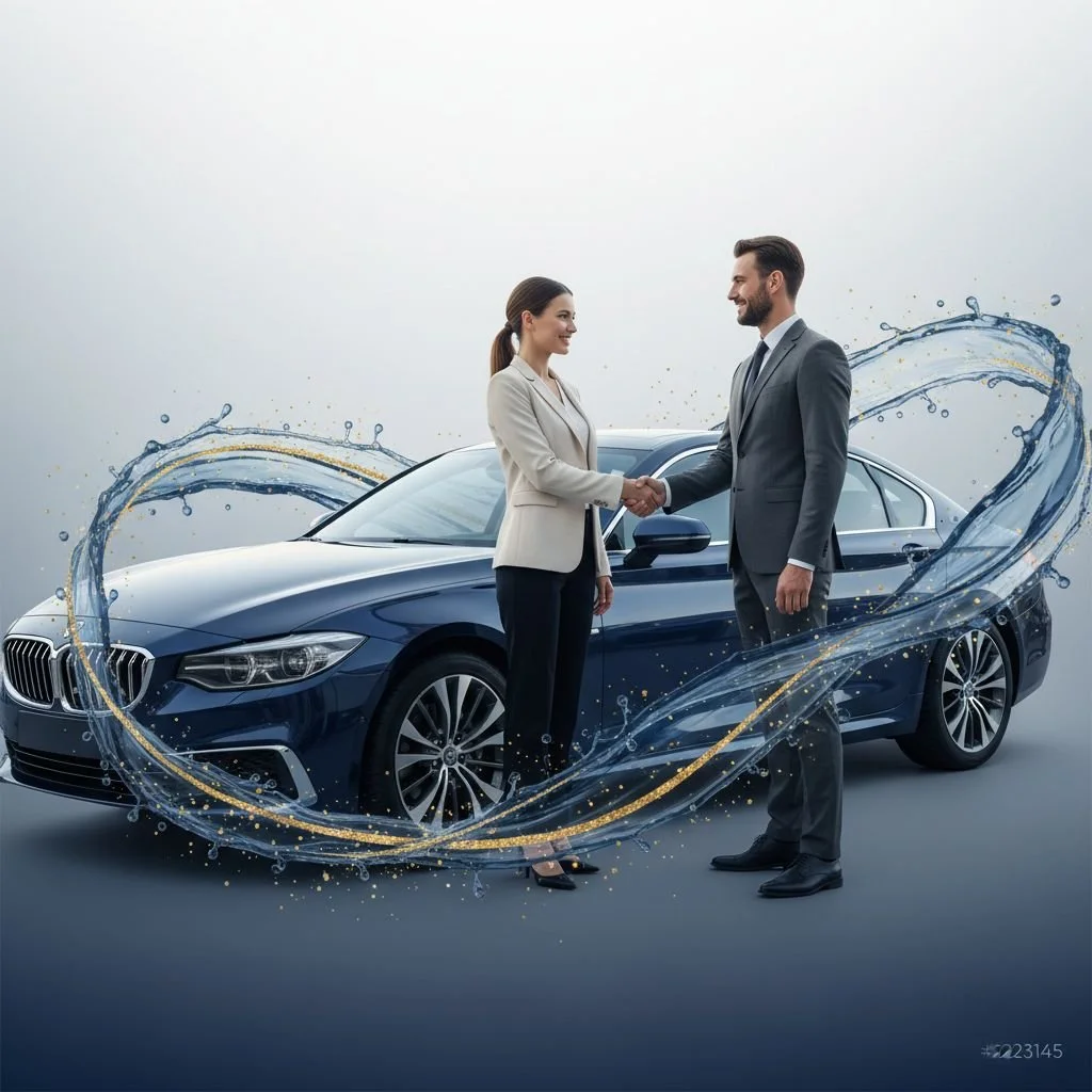 A man and woman in business attire shaking hands in front of a blue sedan with water splash effects around them.