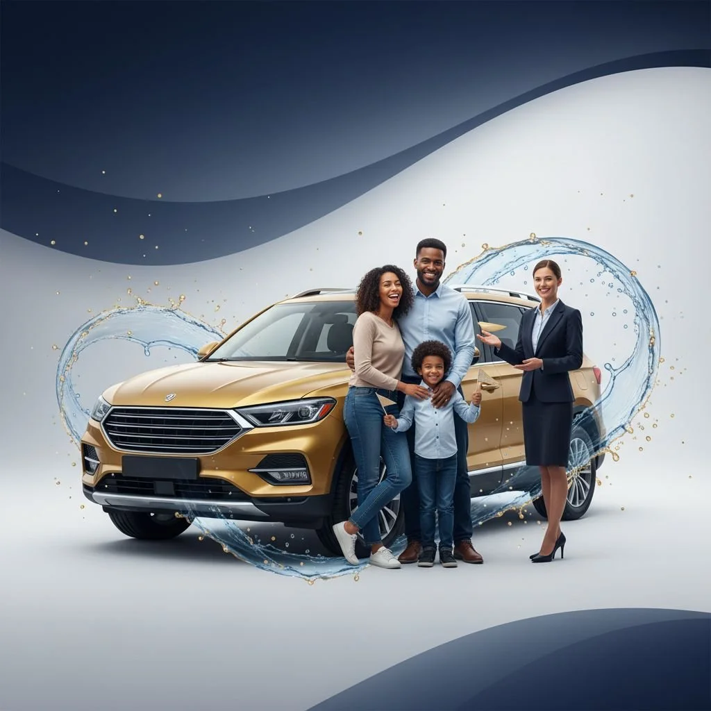 A family with two children and a woman in a business suit standing in front of a gold-colored SUV, celebrating and smiling. The background has a digital design with water splashes and blue tones.