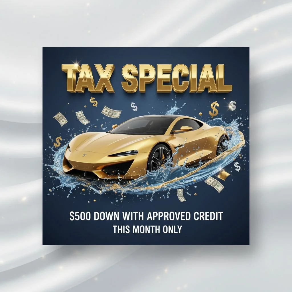 A promotional advertisement for a car dealership offering a 'Tax Special' deal. The ad features a gold luxury sports car with water splashes and flying dollar bills, and text that reads '$500 Down With Approved Credit This Month Only.'