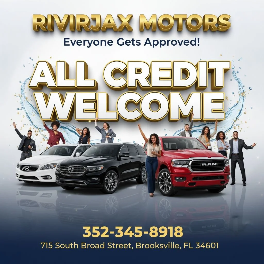 Car dealership advertisement featuring the business name 'RIVIRJAX MOTORS' and the message 'Everyone Gets Approved! All Credit Welcome'. Shows three cars and a group of smiling diverse people standing behind the cars, with a phone number and address at the bottom.