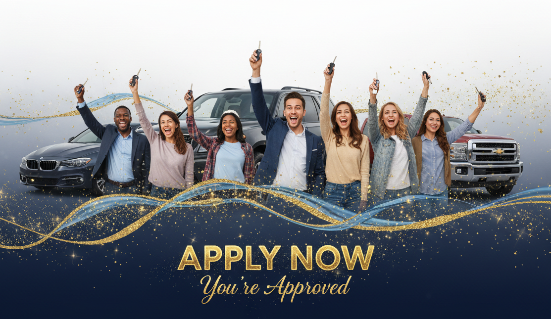 Group of happy people celebrating with car keys in front of vehicles, with gold and blue decorative waves and stars, and the text 'Apply Now You're Approved'.