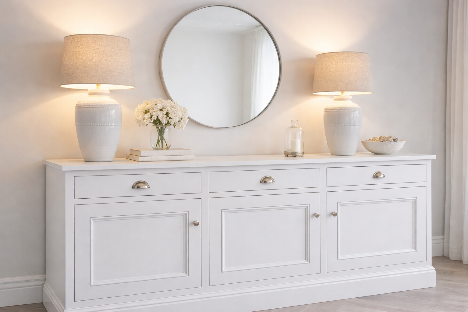 White sideboard with three cabinets, silver knobs, and two drawers, decorated with two table lamps, a glass vase with white flowers, a bookshelf with a white cover, a glass lantern, and a ceramic bowl, placed with a round mirror above and curtains nearby.