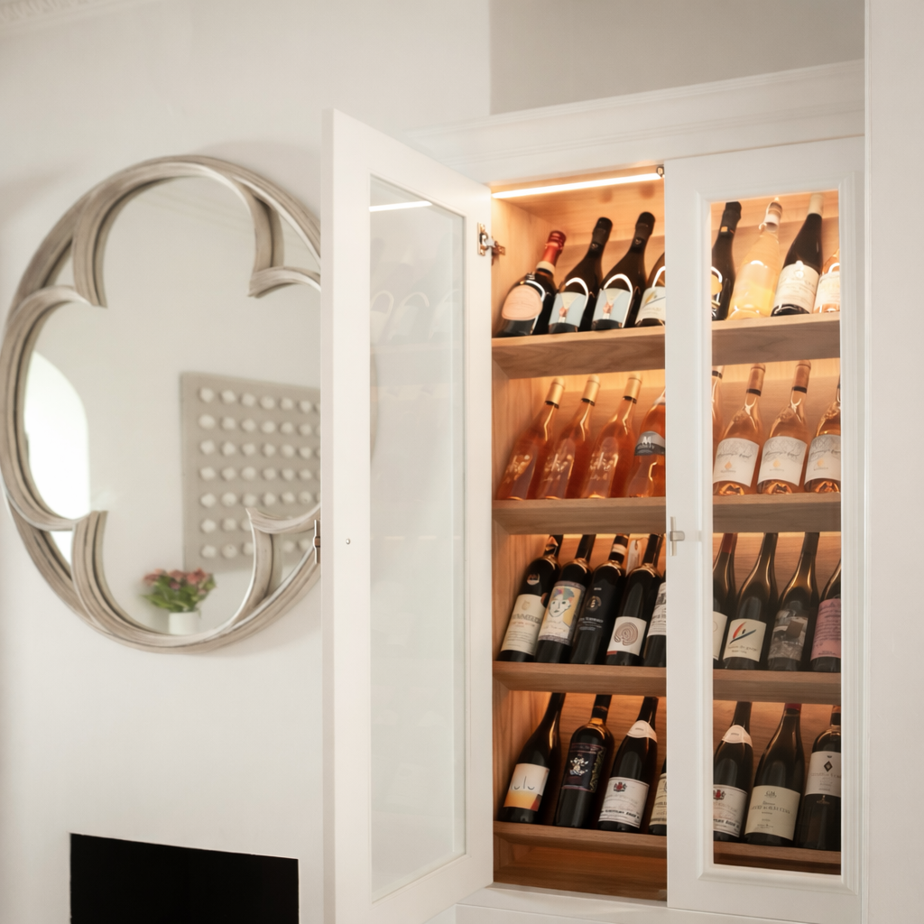 A glass-door wine cabinet filled with various bottles of wine in a room with a decorative round wall mirror and a pink flower arrangement.