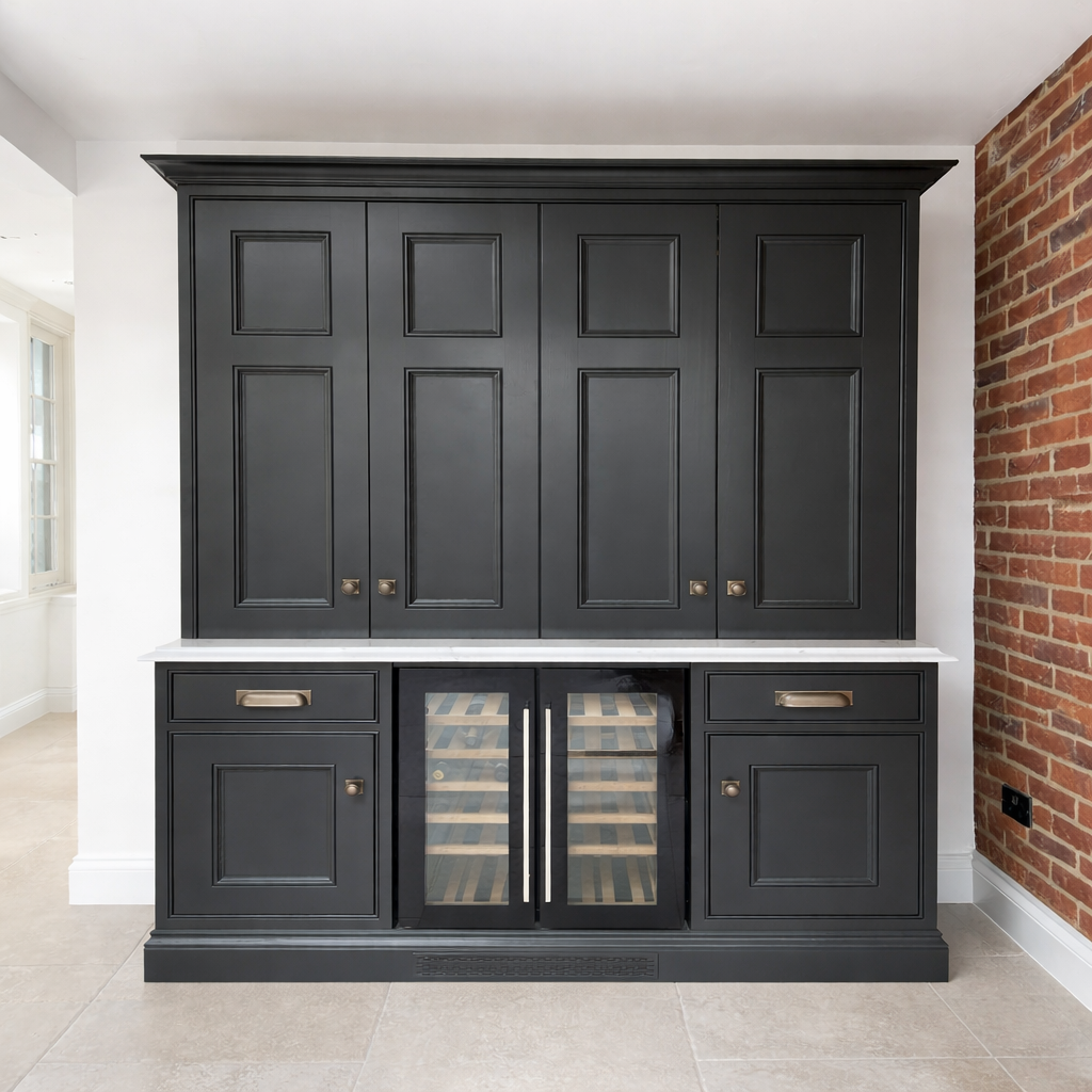 Dark gray kitchen cabinet with glass-front wine cooler in the center, set against a brick wall on the right and white walls to the left in a modern kitchen.