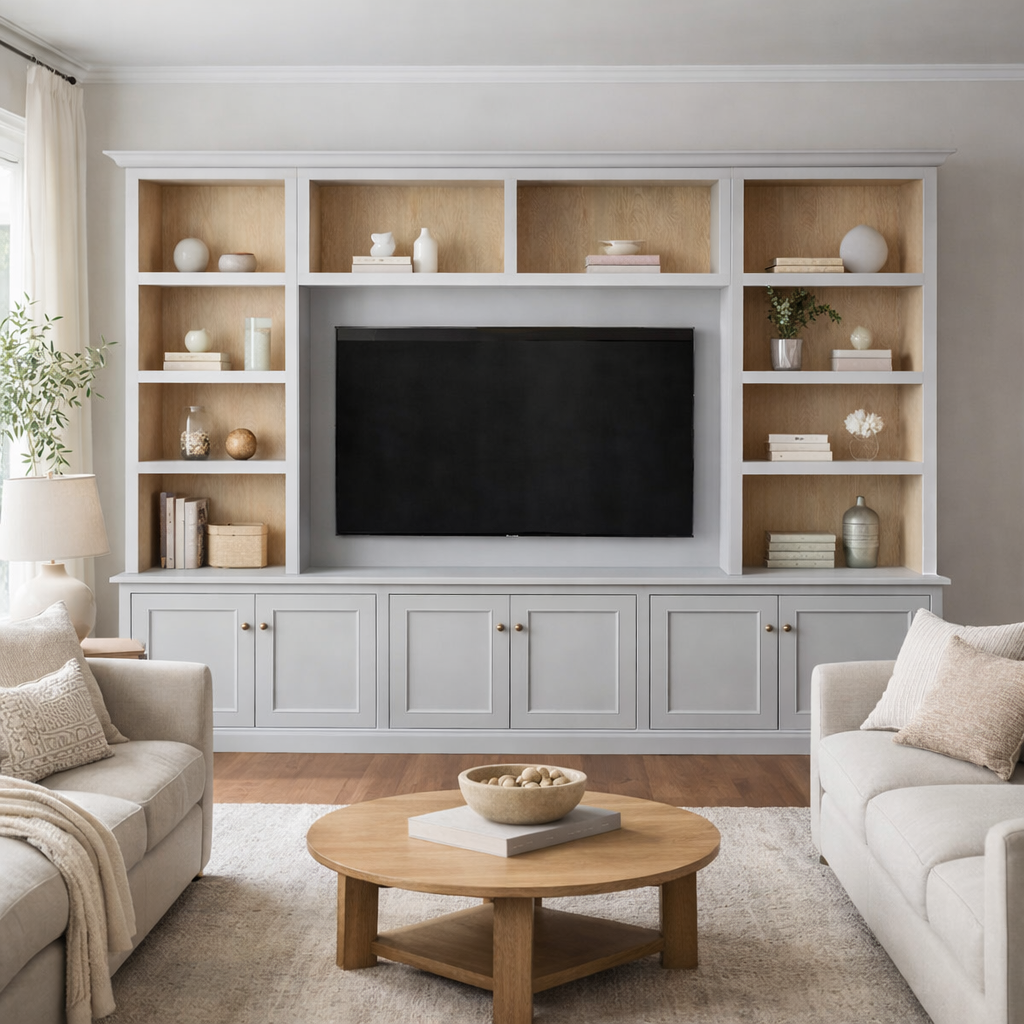 Living room with built-in white shelving unit, a flat-screen TV, beige sofas, a wooden coffee table with a decorative bowl, and neutral decor.