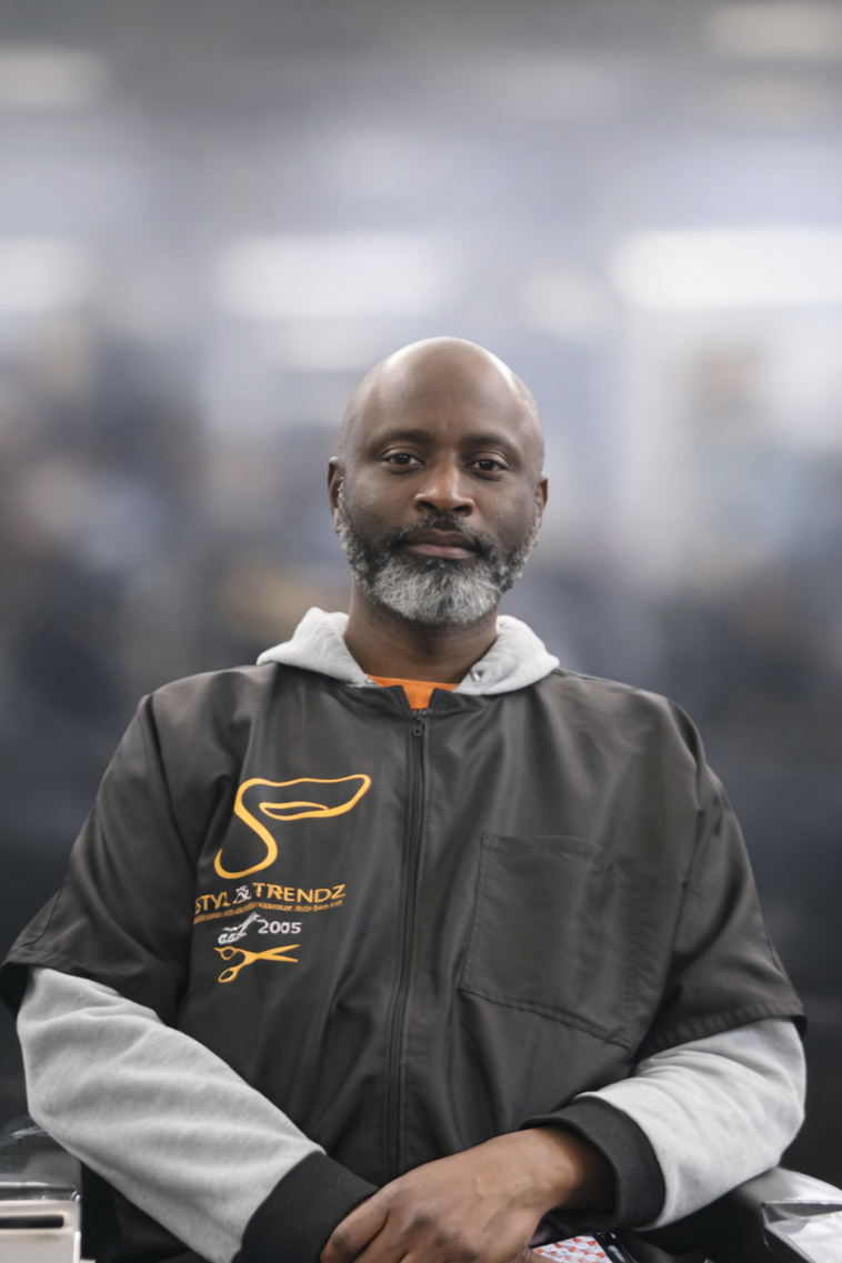 A man dressed in white medical scrubs sitting at a table with medical supplies nearby, in a room with artwork on the wall.