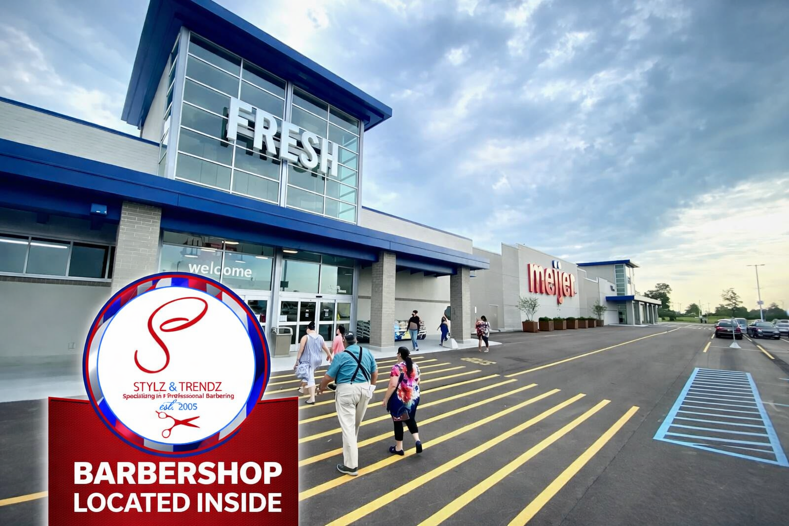 Customers walking into a retail store with a sign indicating a barbershop inside. The store has a large sign reading 'FRESH' on the building and the logo 'STYLZ & TRENDZ' with scissors symbol. The parking lot has spaces marked in yellow and blue, with some parked cars visible.