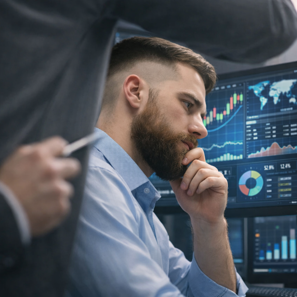 Hombre con barba, en una oficina frente a pantallas con gráficos financieros y mapas mundiales, revisando datos de mercado.