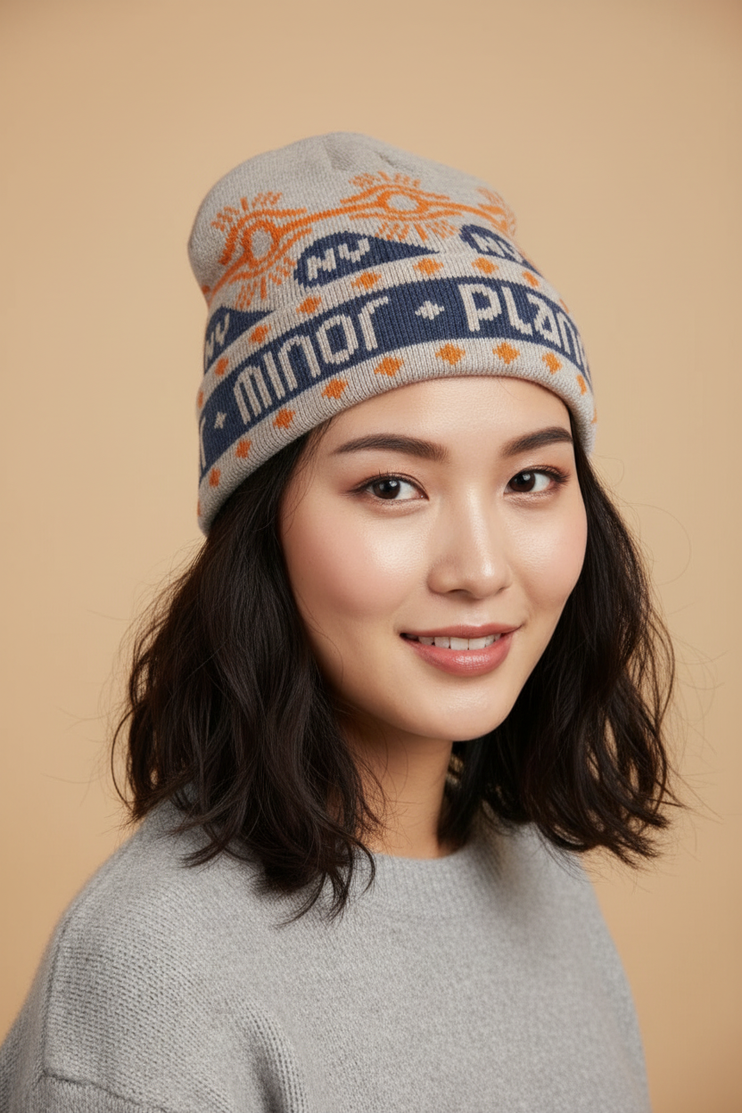 A young woman with wavy black hair smiling and wearing a gray knit sweater and a gray beanie with orange and blue patterns and text.