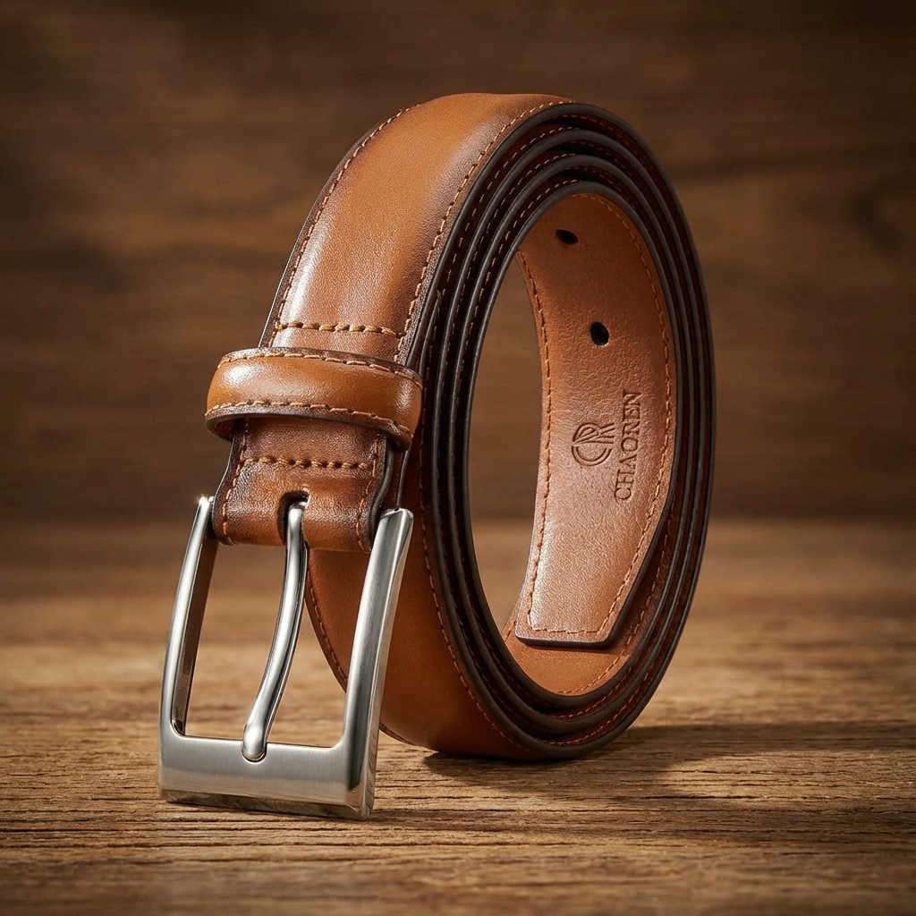A brown leather belt with a silver buckle, coiled on a wooden surface.