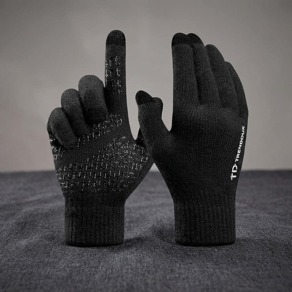 Pair of black work gloves with one glove showing the brand 'Trekare' and white accents, set against a gray background.