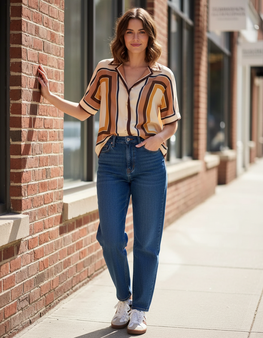 A young woman with wavy brown hair standing on a city sidewalk, wearing a short-sleeved striped shirt, blue jeans, and white sneakers, smiling at the camera near brick buildings with large glass windows.