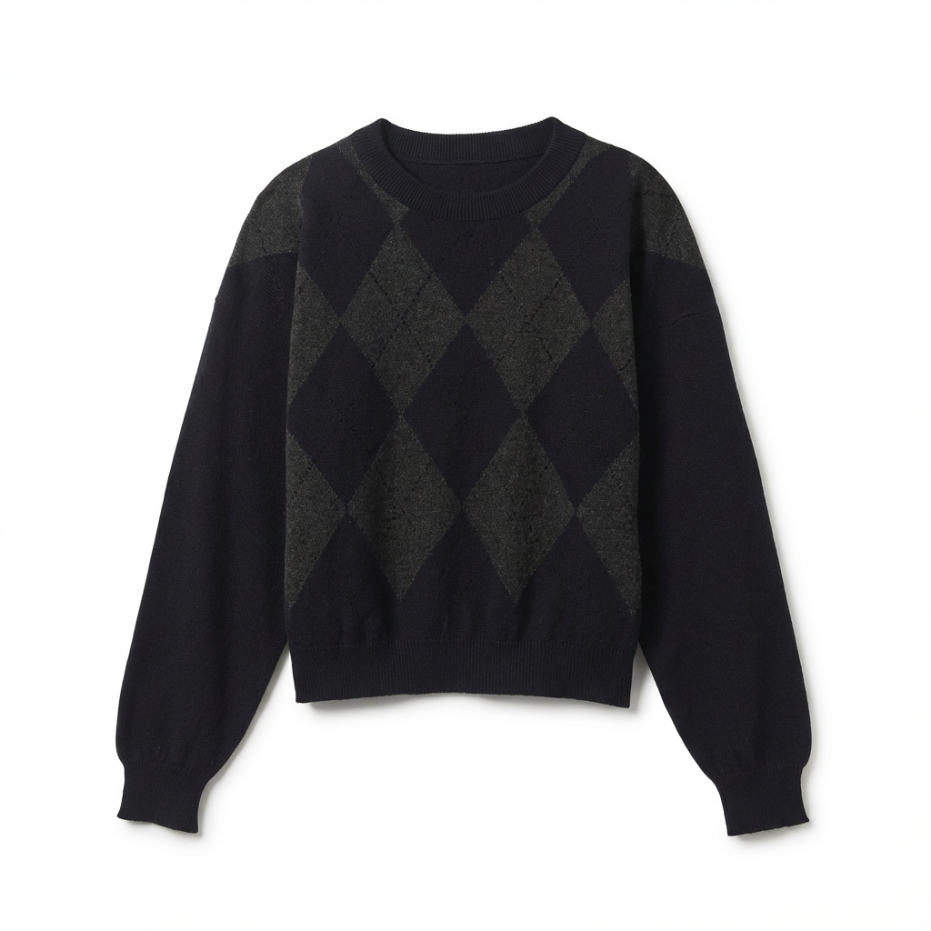 Black sweater with gray and black argyle pattern.