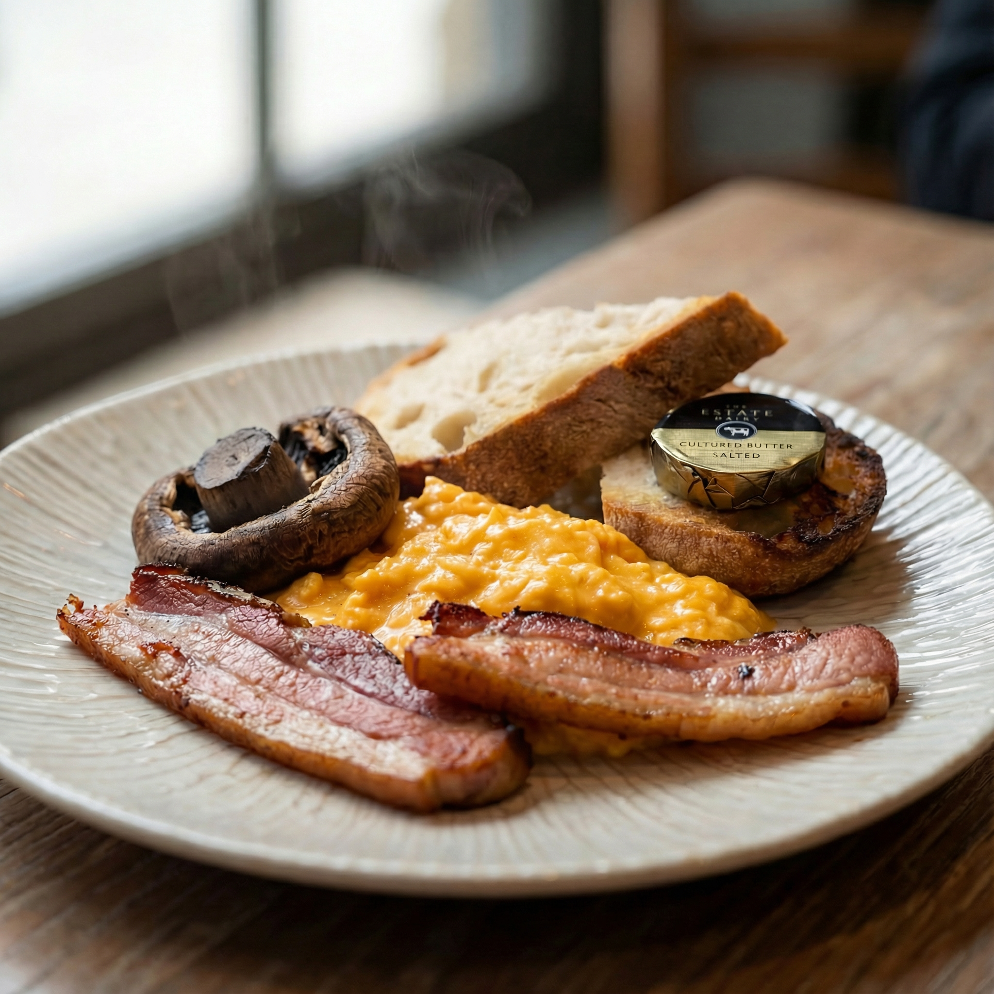 A breakfast plate with scrambled eggs, bacon strips, a grilled mushroom, a slice of bread, and a piece of toasted bread with butter.