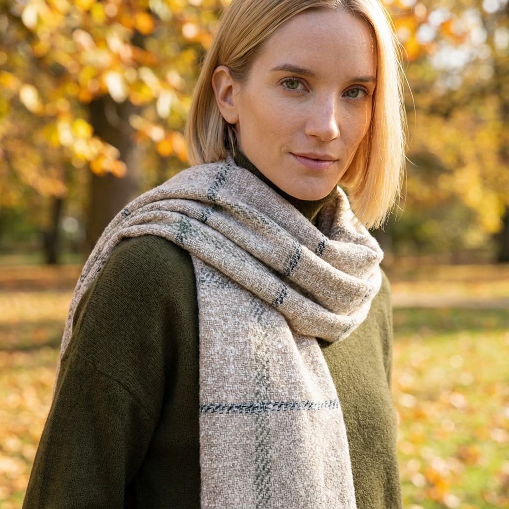 A woman with blonde hair and light skin outdoors in autumn, wearing a green sweater and cream-colored scarf with plaid details, surrounded by trees with fall foliage.