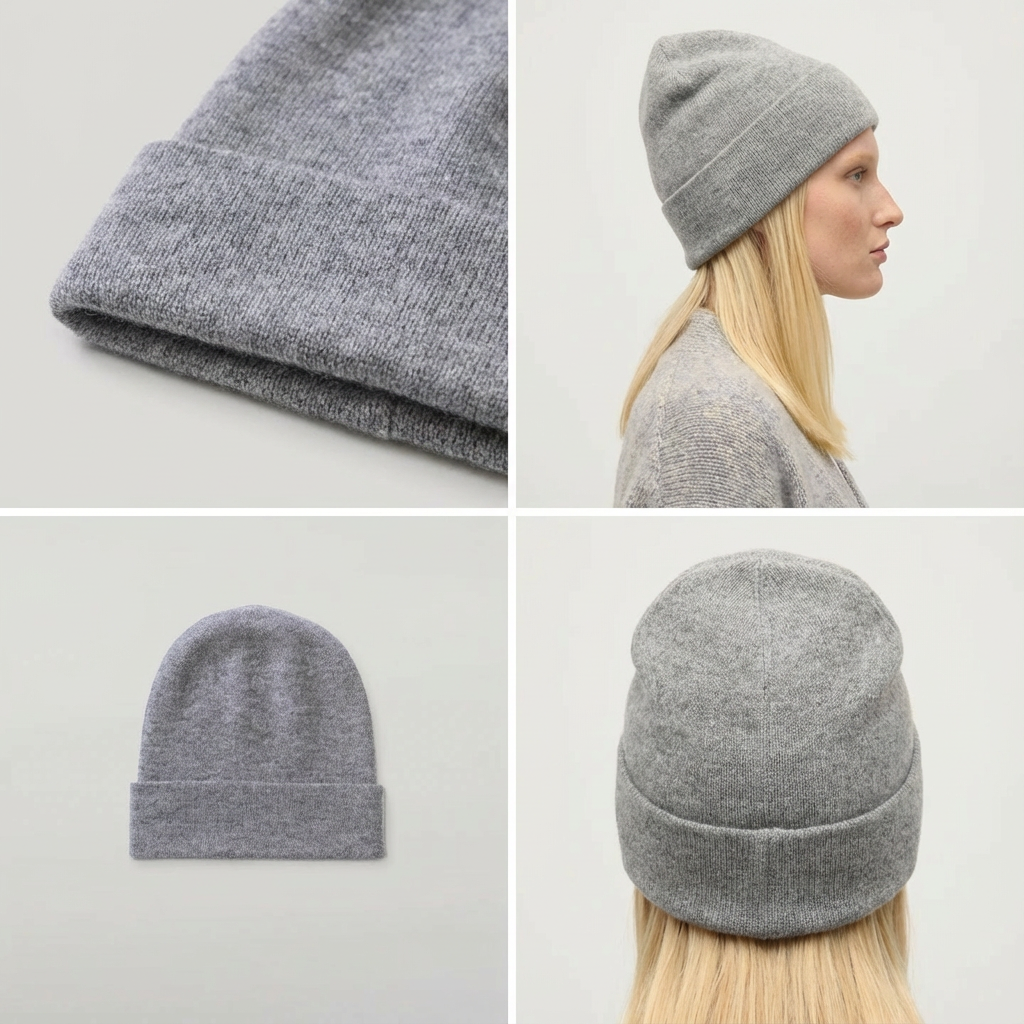 Collage of four images showing a gray knit beanie hat and fabric close-up.