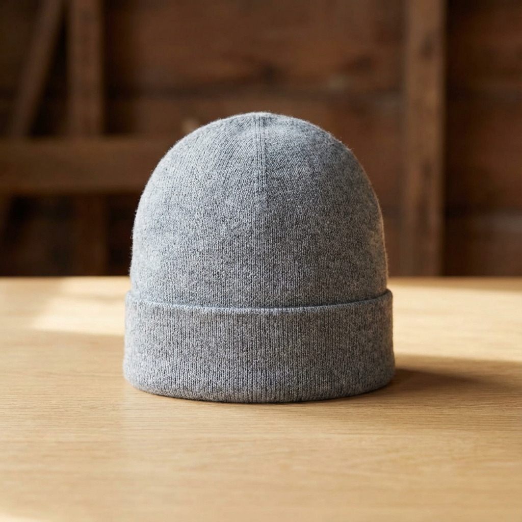 A gray knit beanie hat placed on a wooden surface with a blurred wooden background.