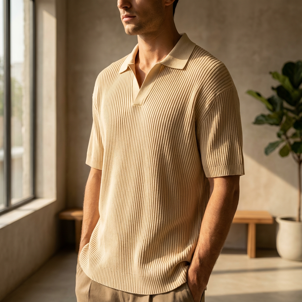 A man wearing a beige, vertically striped polo shirt standing indoors near a window, with a plant and a wooden bench in the background.