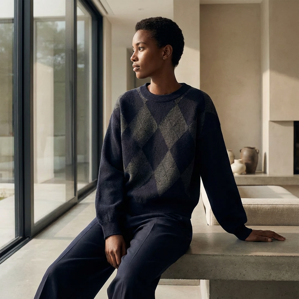 A woman sitting on a concrete surface by large glass windows, looking to the left, wearing a dark argyle sweater and dark pants, with a modern interior background.
