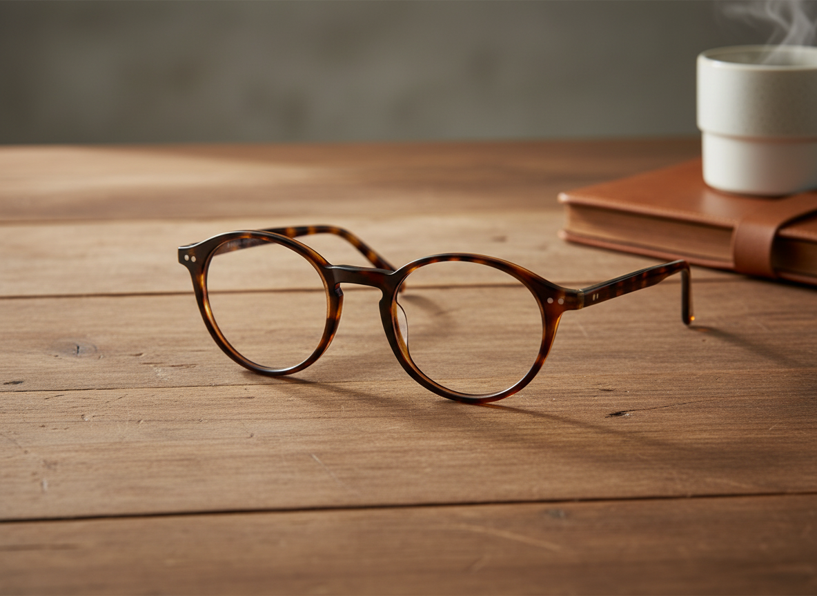 A pair of tortoiseshell eyeglasses resting on a wooden surface with a rolled-up notebook and steaming cup in the background.