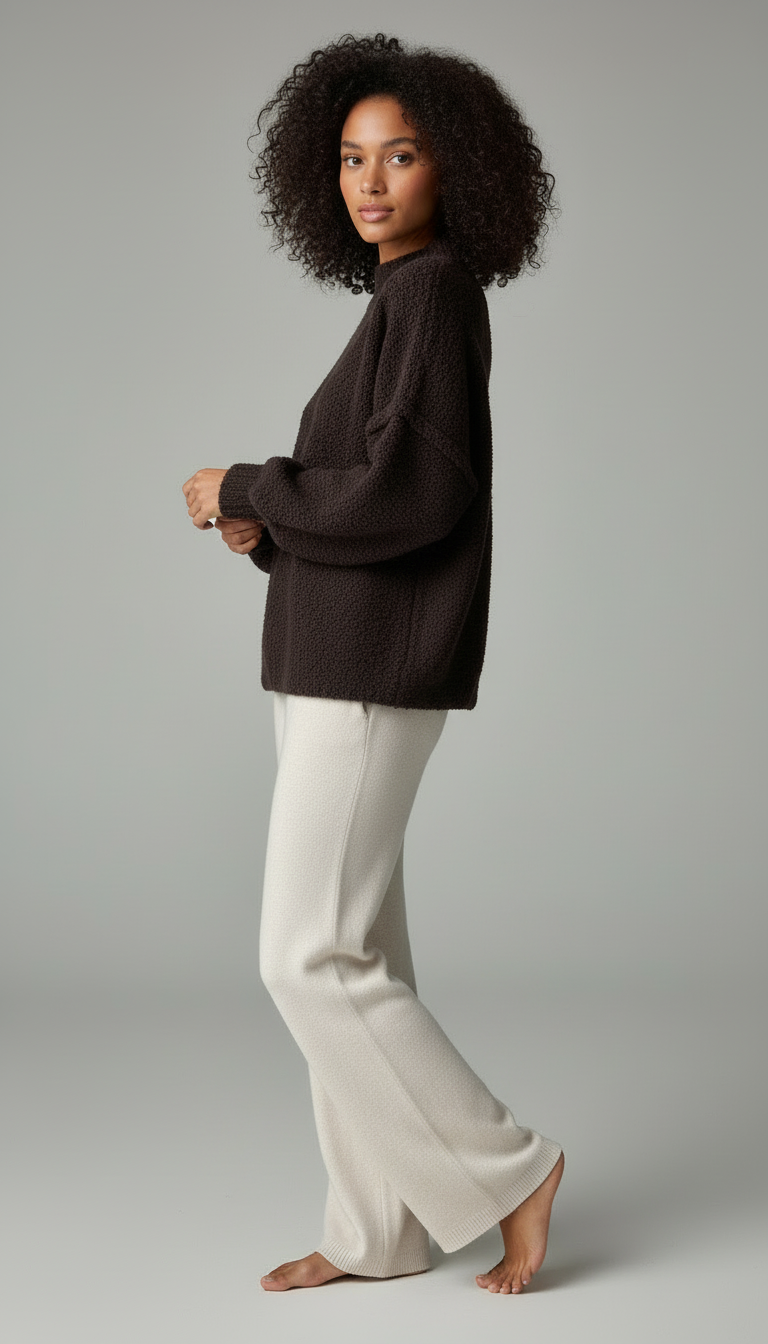 A woman with curly black hair wearing a dark sweater and light-colored pants standing on a light gray background.