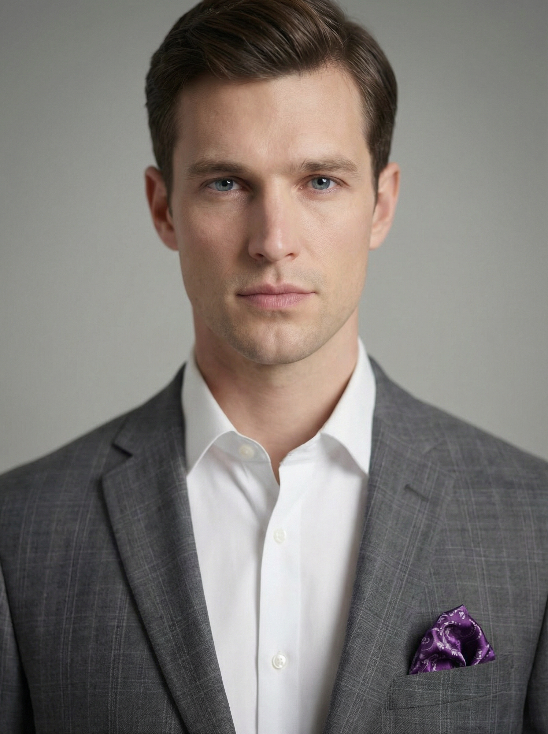 A young man with fair skin, blue eyes, and brown hair, wearing a grey checkered suit with a white dress shirt and a purple pocket square, gazing directly at the camera against a plain grey background.